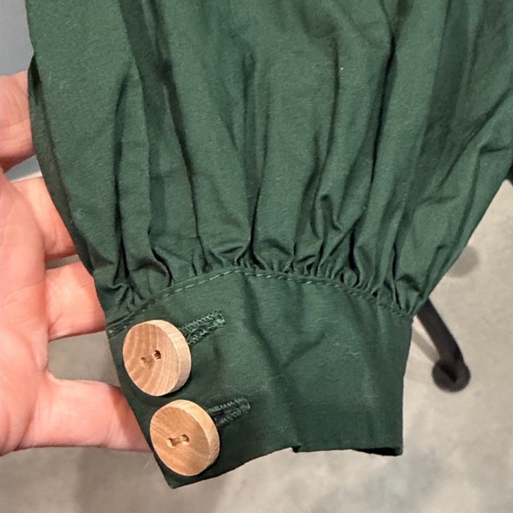 FARM Rio Deep Green Long Puffer Sleeve Wood Button Down Flowy Embroidered Dress - Picture 4 of 12